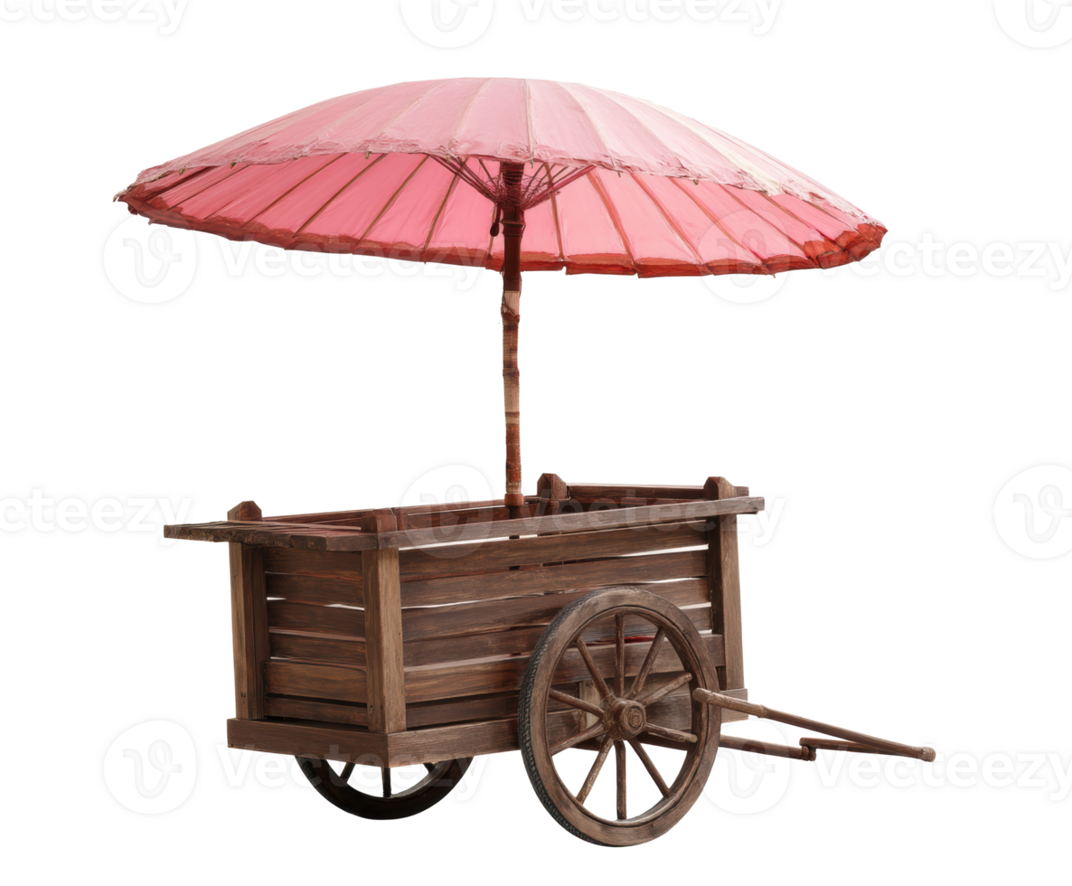 Wooden cart with pink umbrella for outdoor markets or events png