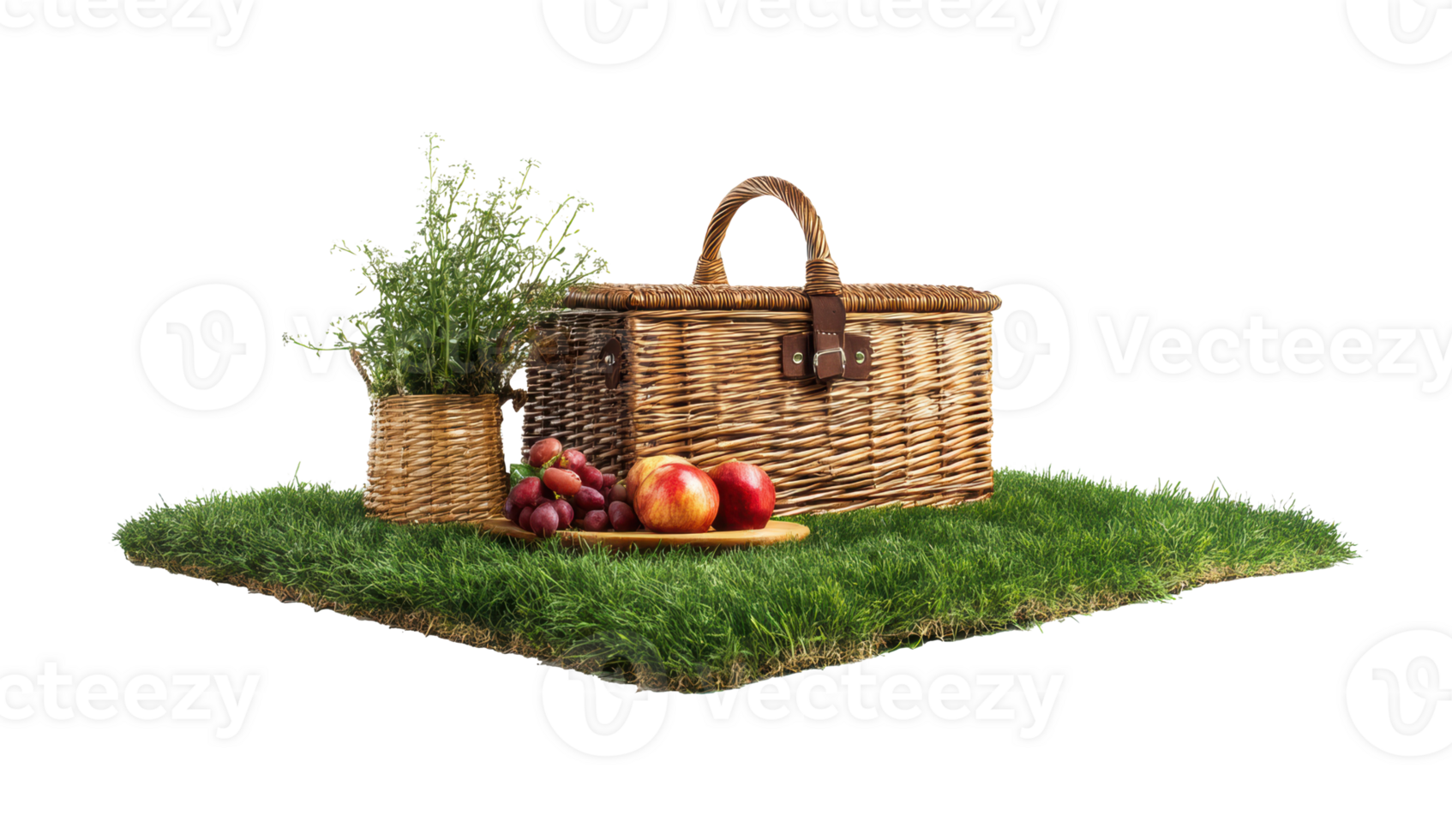 Outdoor picnic setup with basket and fresh fruits on grass png