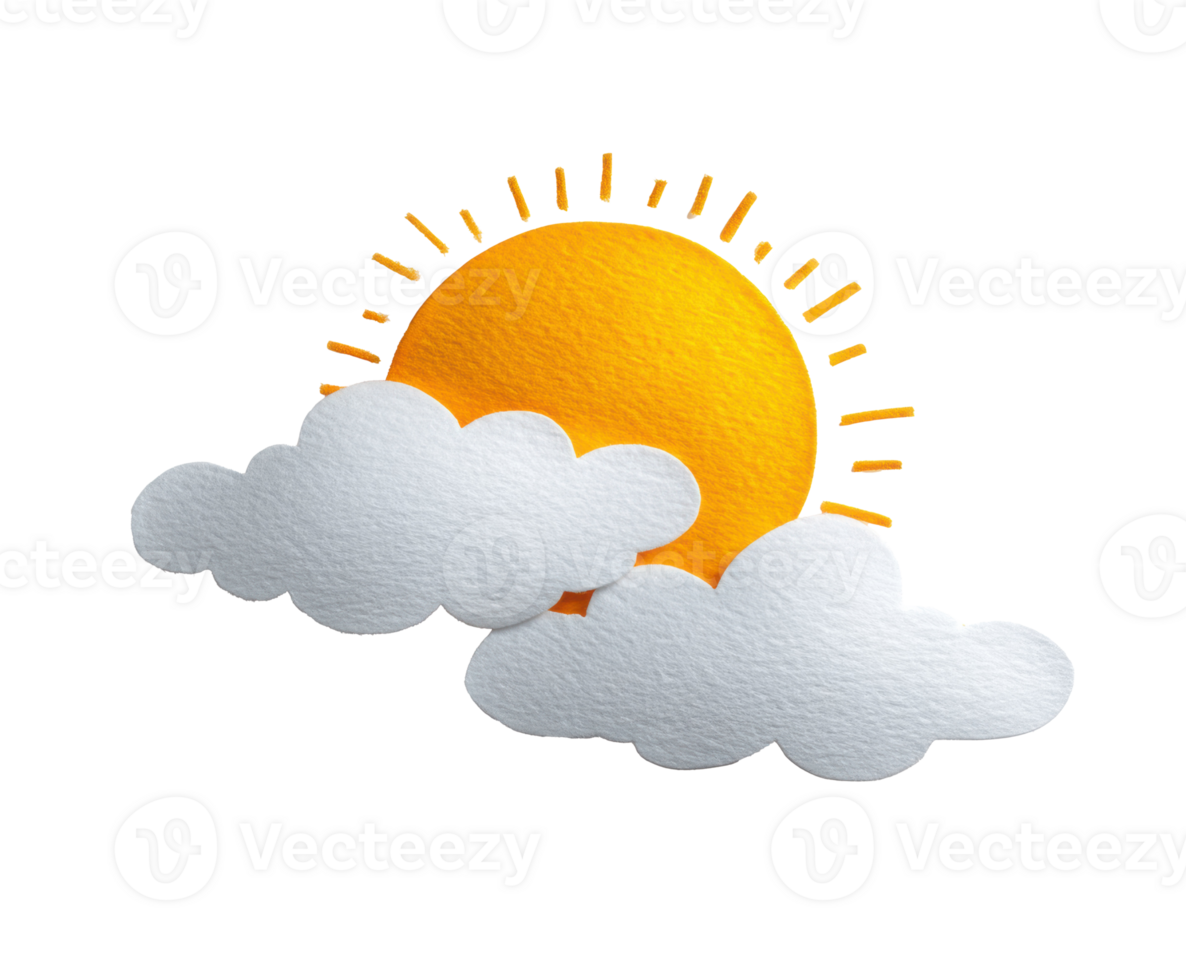 Bright sun with fluffy clouds for cheerful designs and graphics png