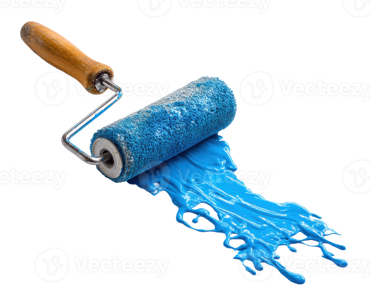 Vibrant blue paint spills from a creative paint roller png