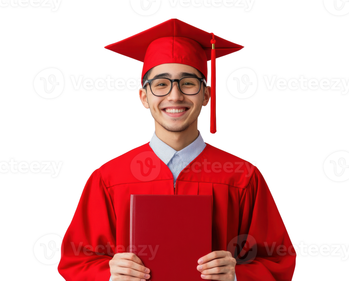Graduation celebration of a student in red gown holding diploma png
