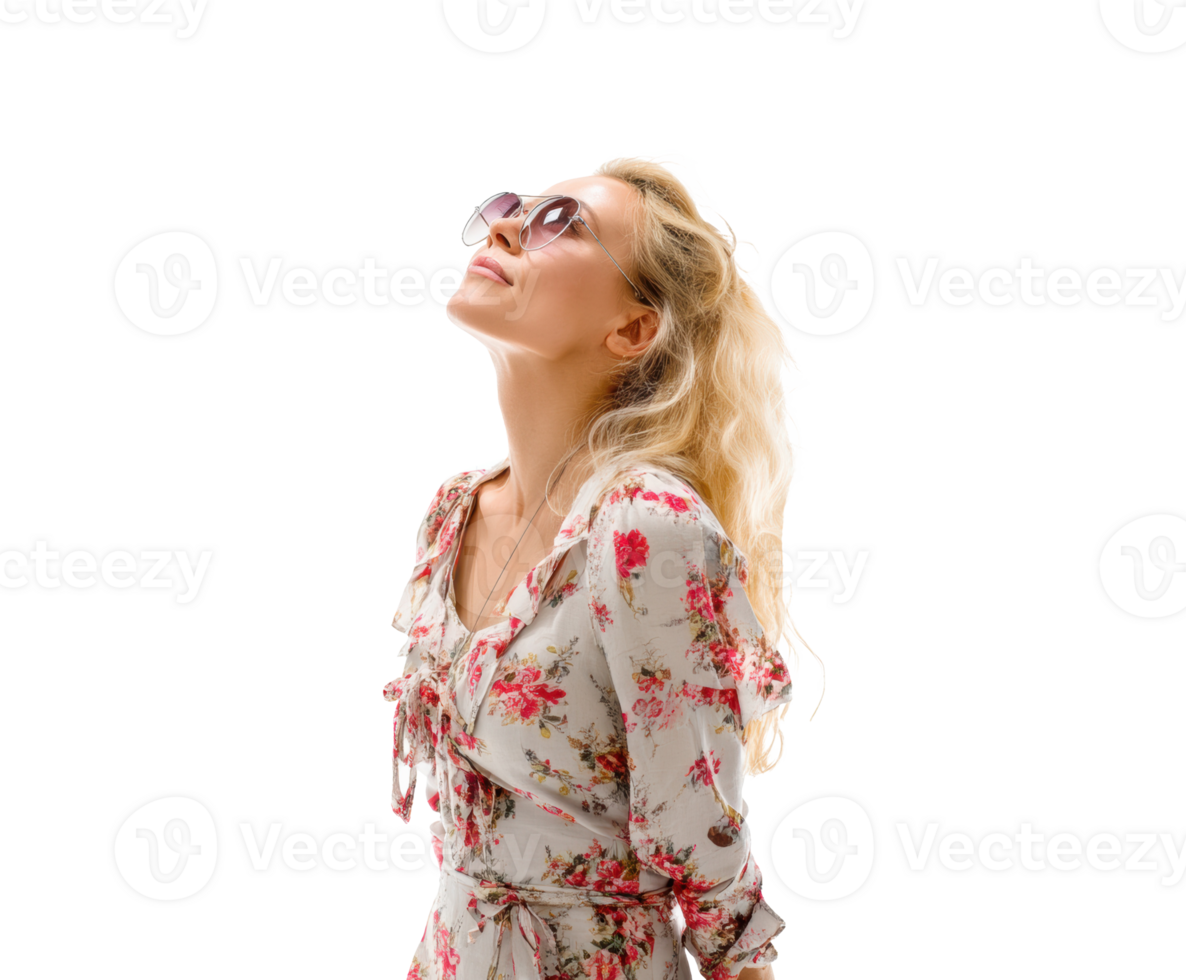 Woman enjoying summer vibes in floral dress and stylish sunglasses png