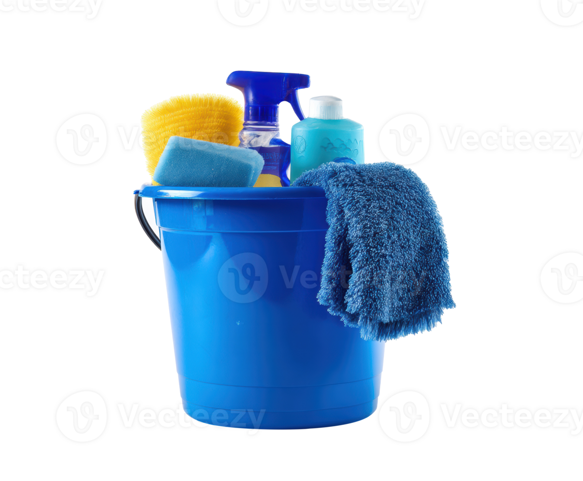 Essential cleaning supplies in a blue bucket for household chores png