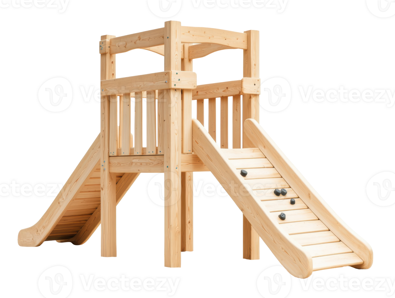 Wooden playground structure with slides for children playtime fun png