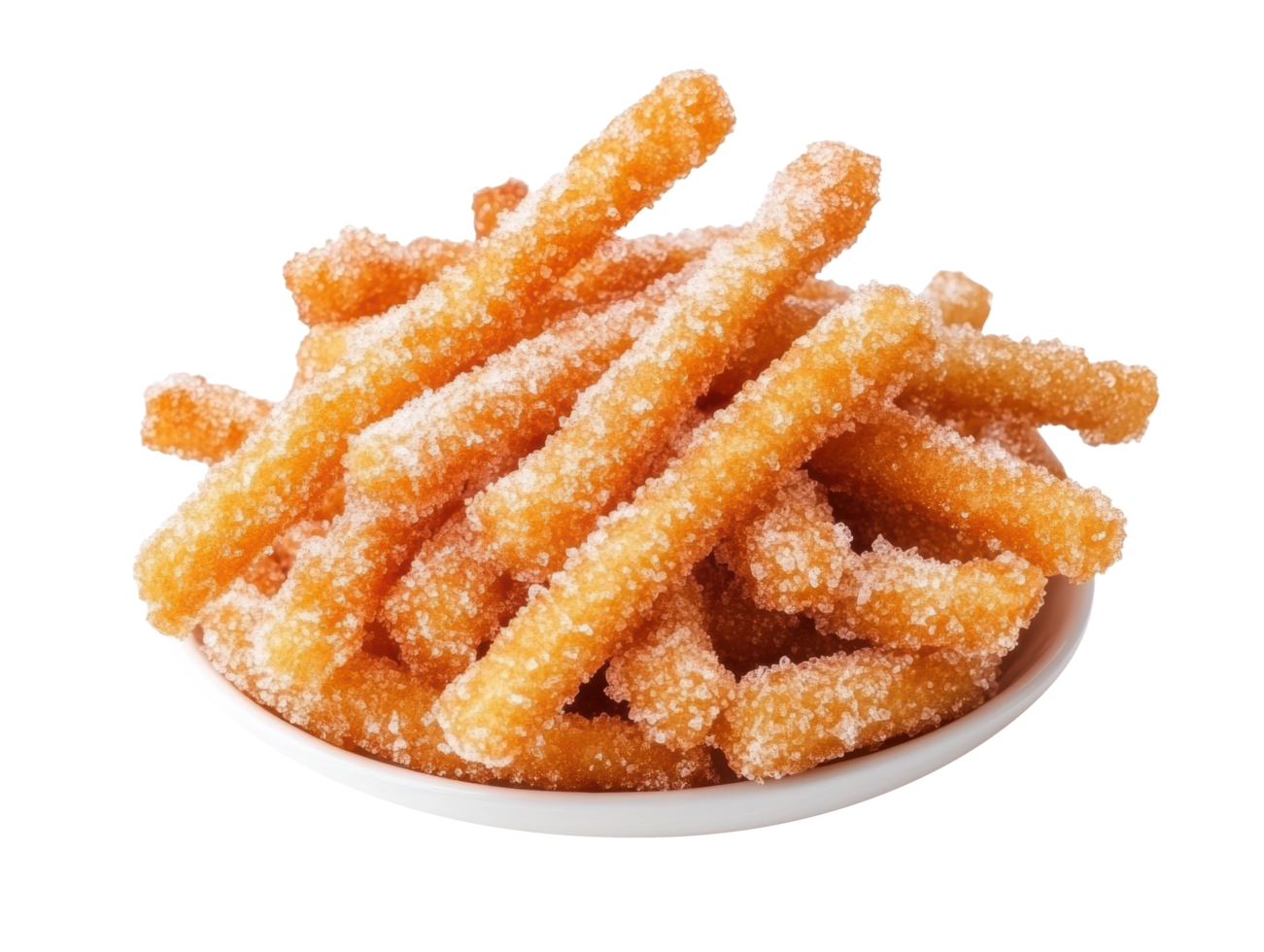 Delicious churros with sugar served in a bowl for dessert delight png
