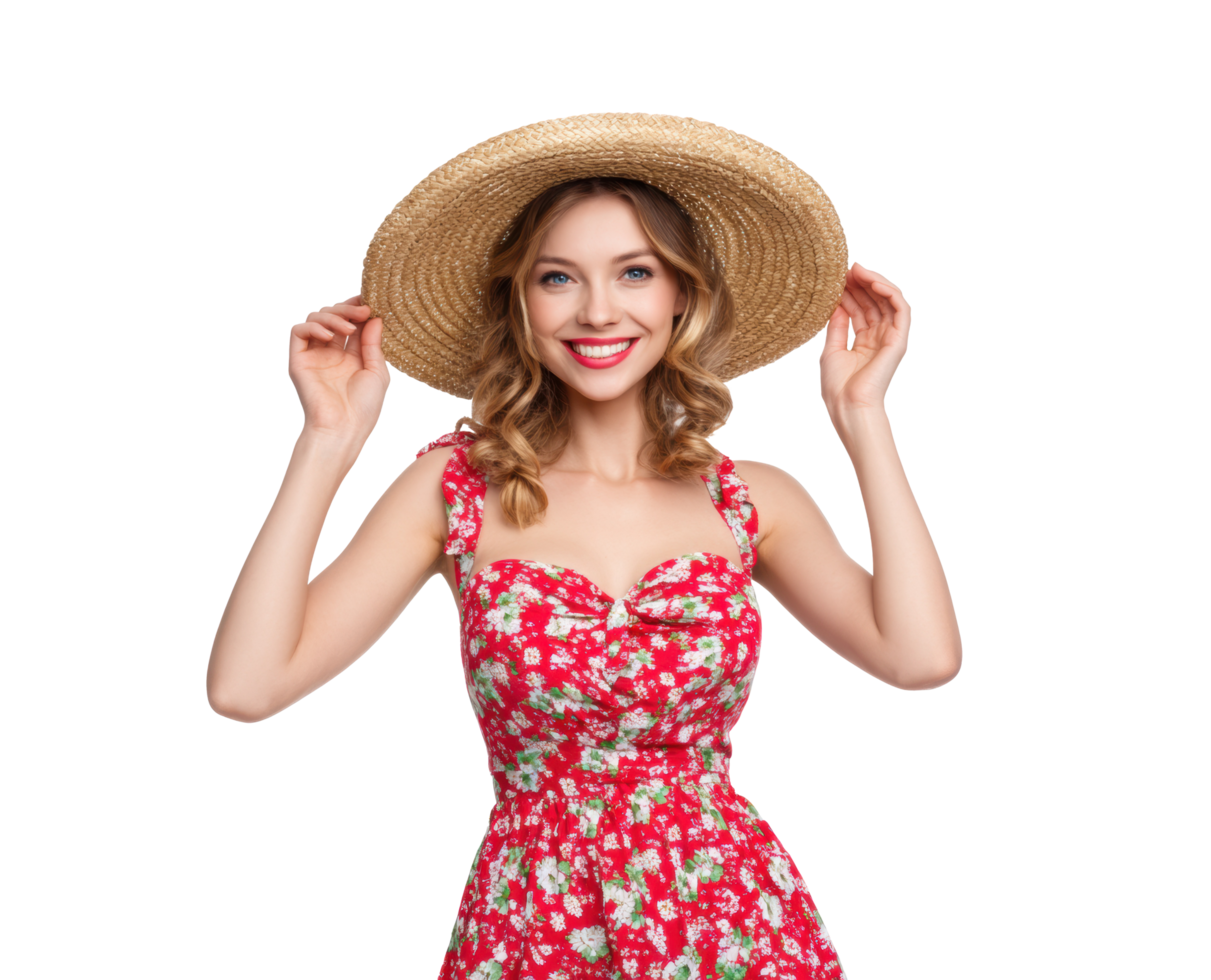 Summer fashion with a cheerful woman in floral dress and hat png