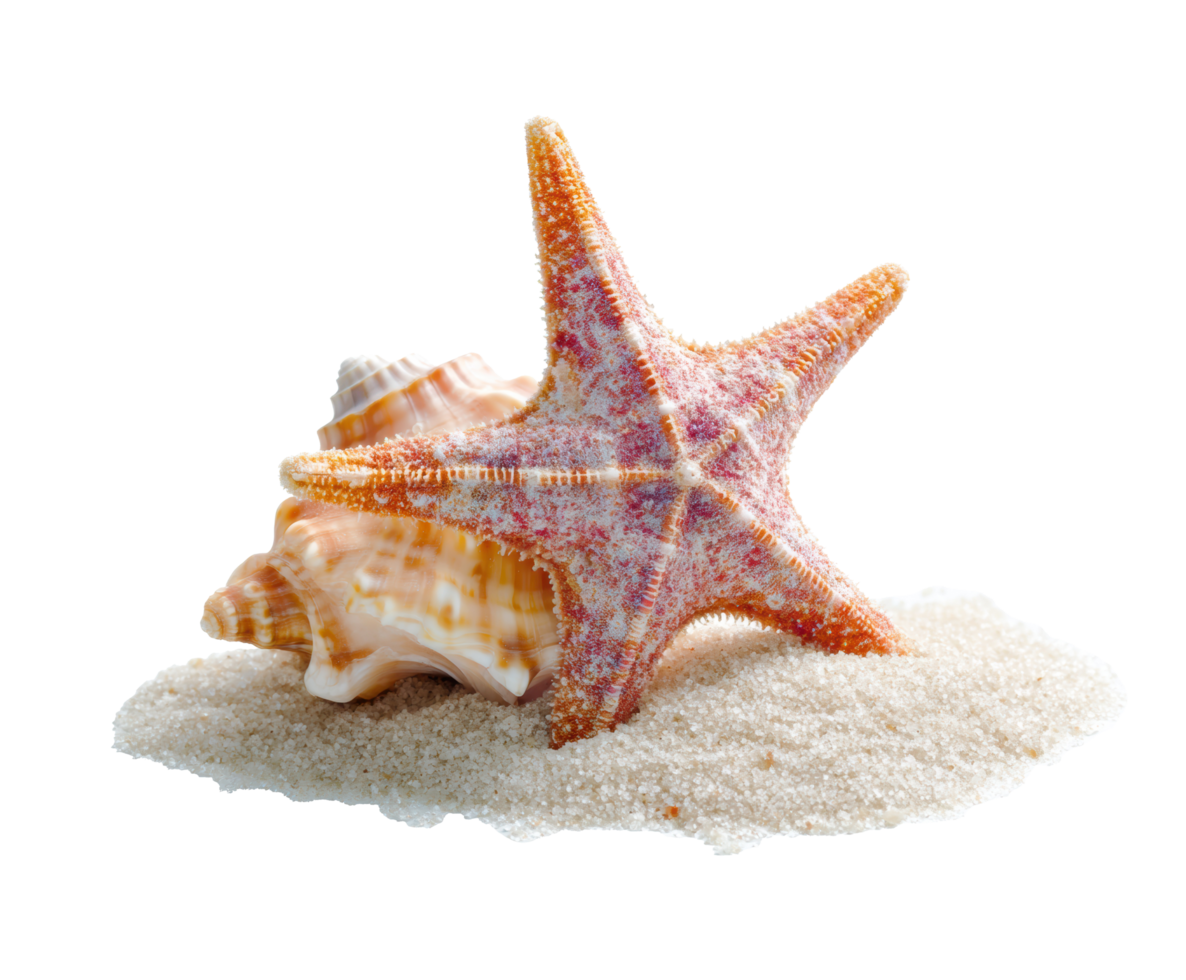 Starfish and seashells on sandy beach shore for relaxation design png