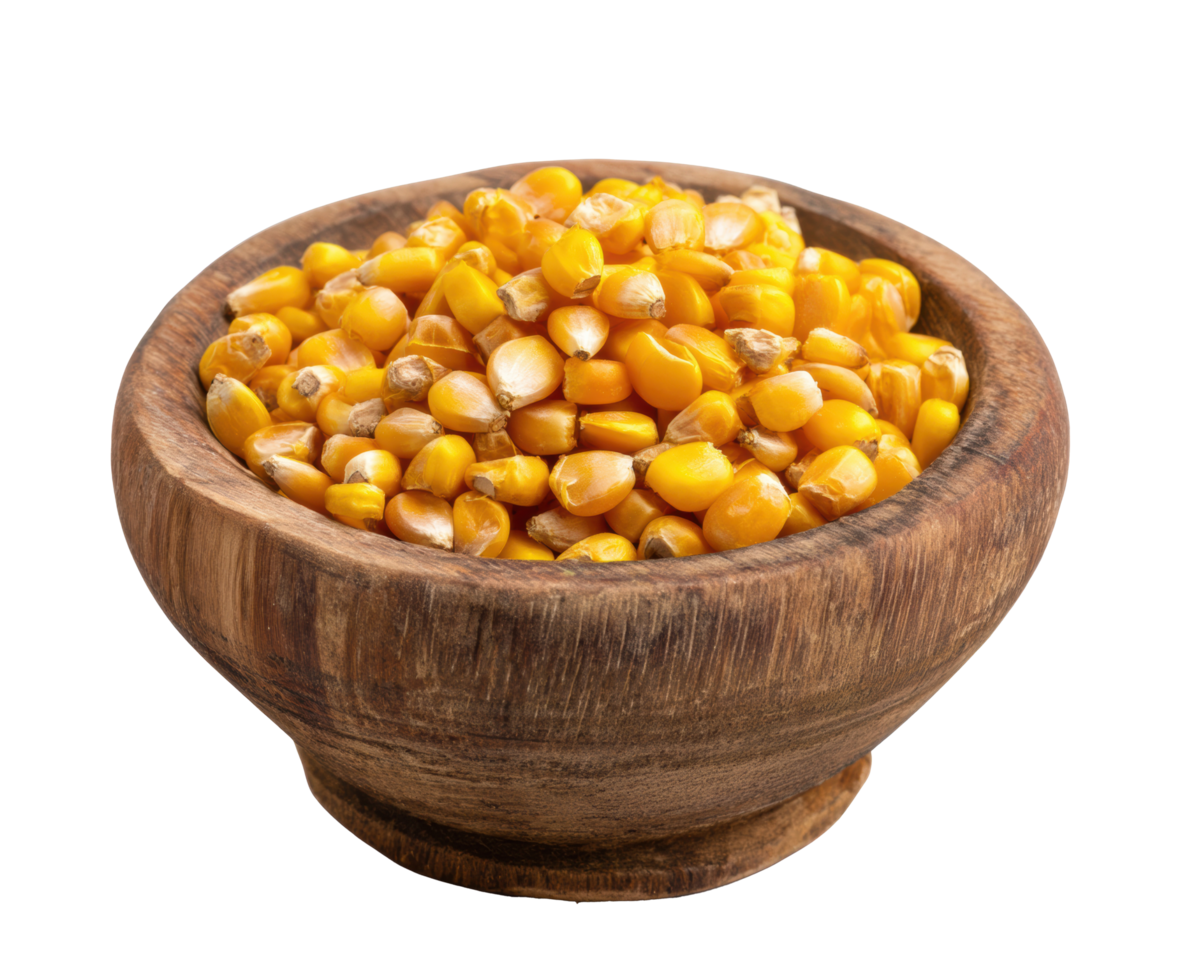 Fresh corn kernels in a wooden bowl ready for cooking or baking png