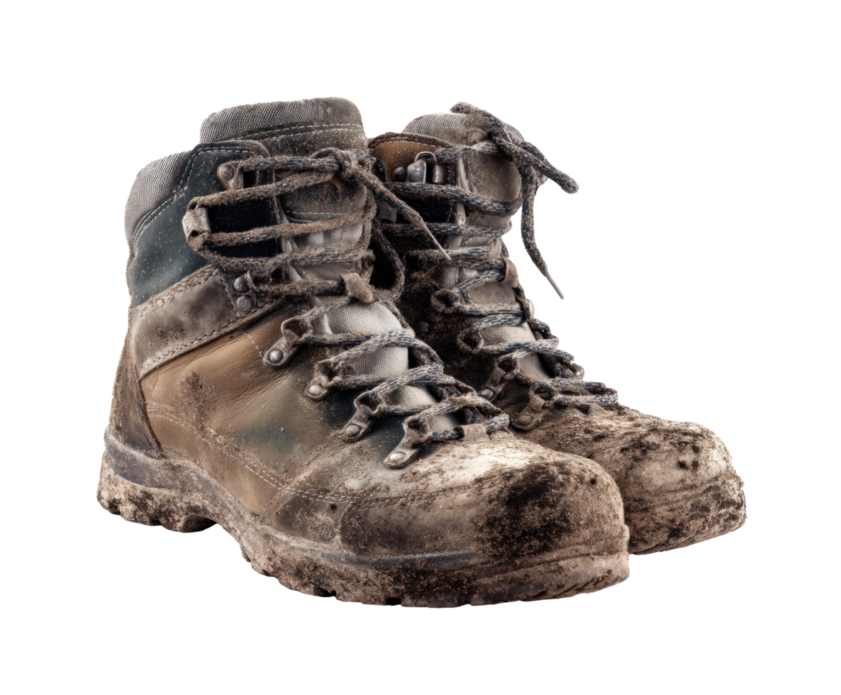 Worn hiking boots covered in mud after an adventurous outdoor trek png