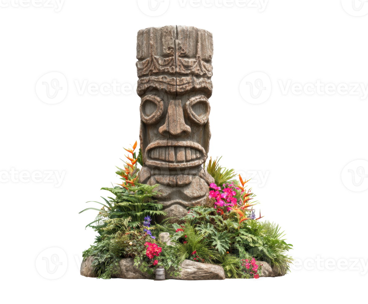 Tiki statue surrounded by vibrant tropical plants and flowers png