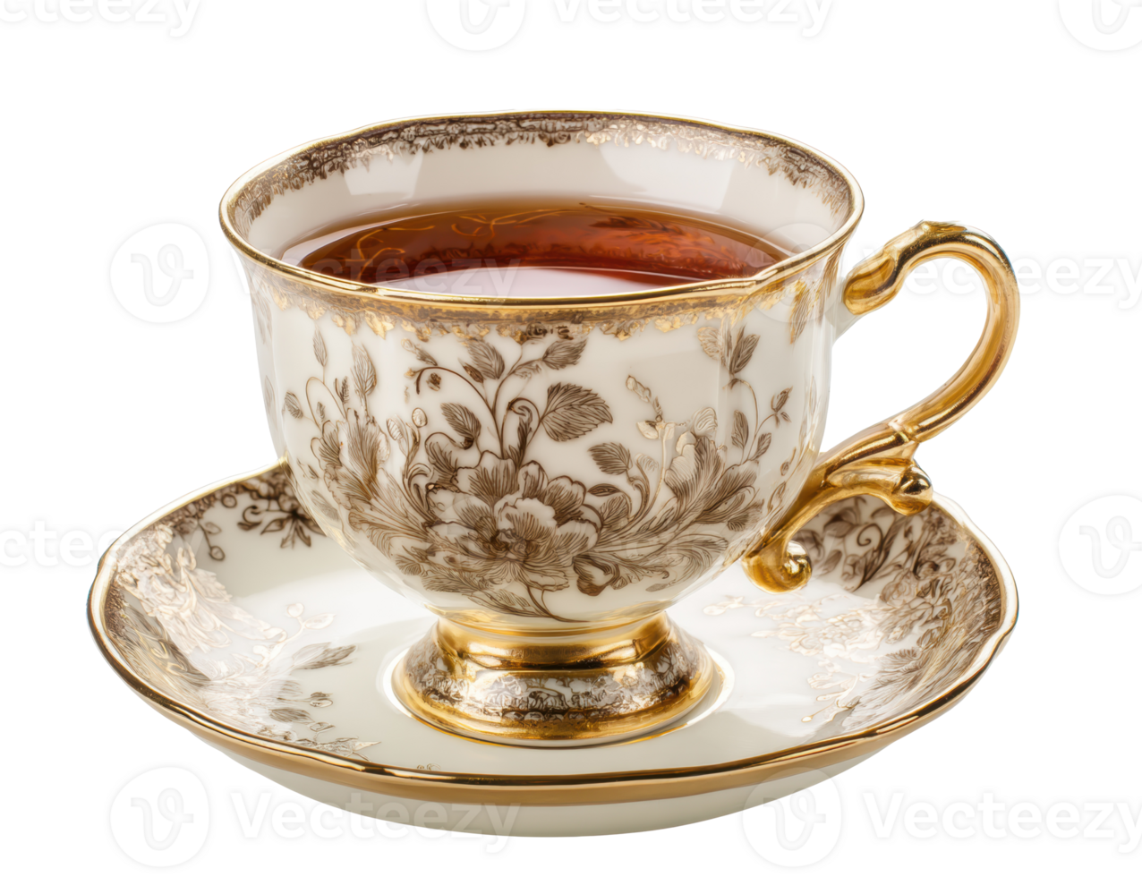 Elegant tea cup with intricate floral patterns and golden accents png