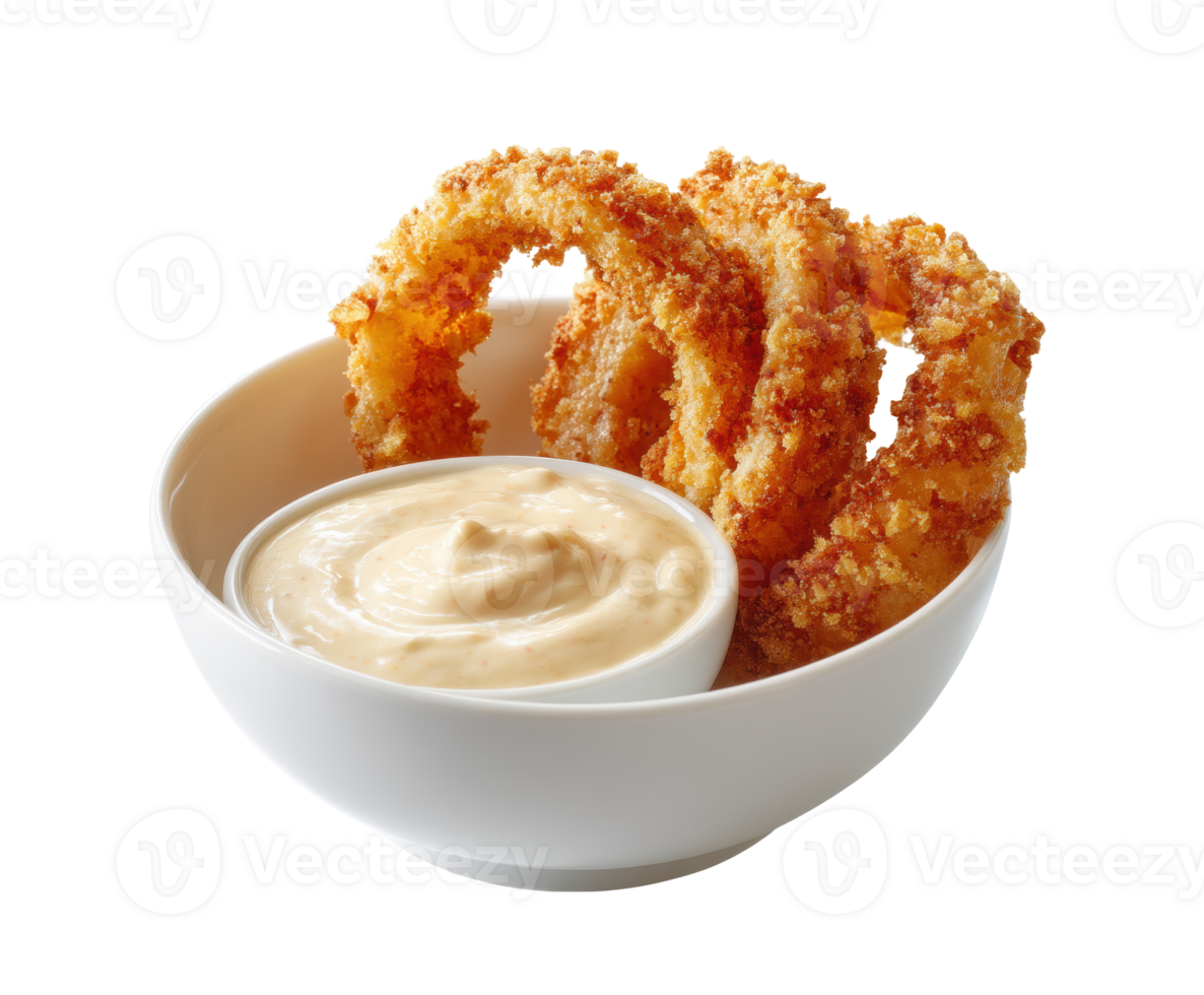 Crispy onion rings with dipping sauce in a bowl png