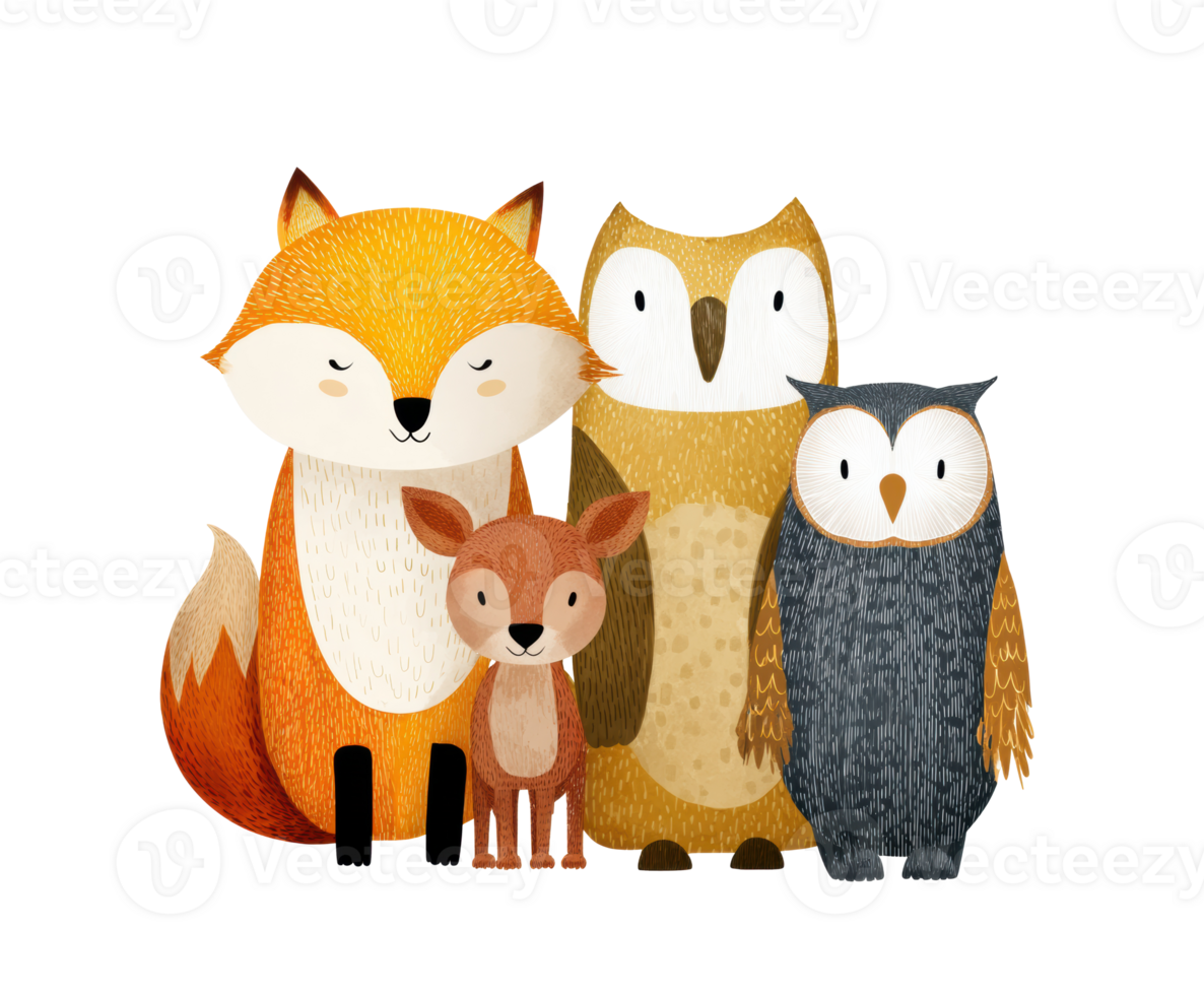 Cute woodland animals gathering together in a friendly pose png