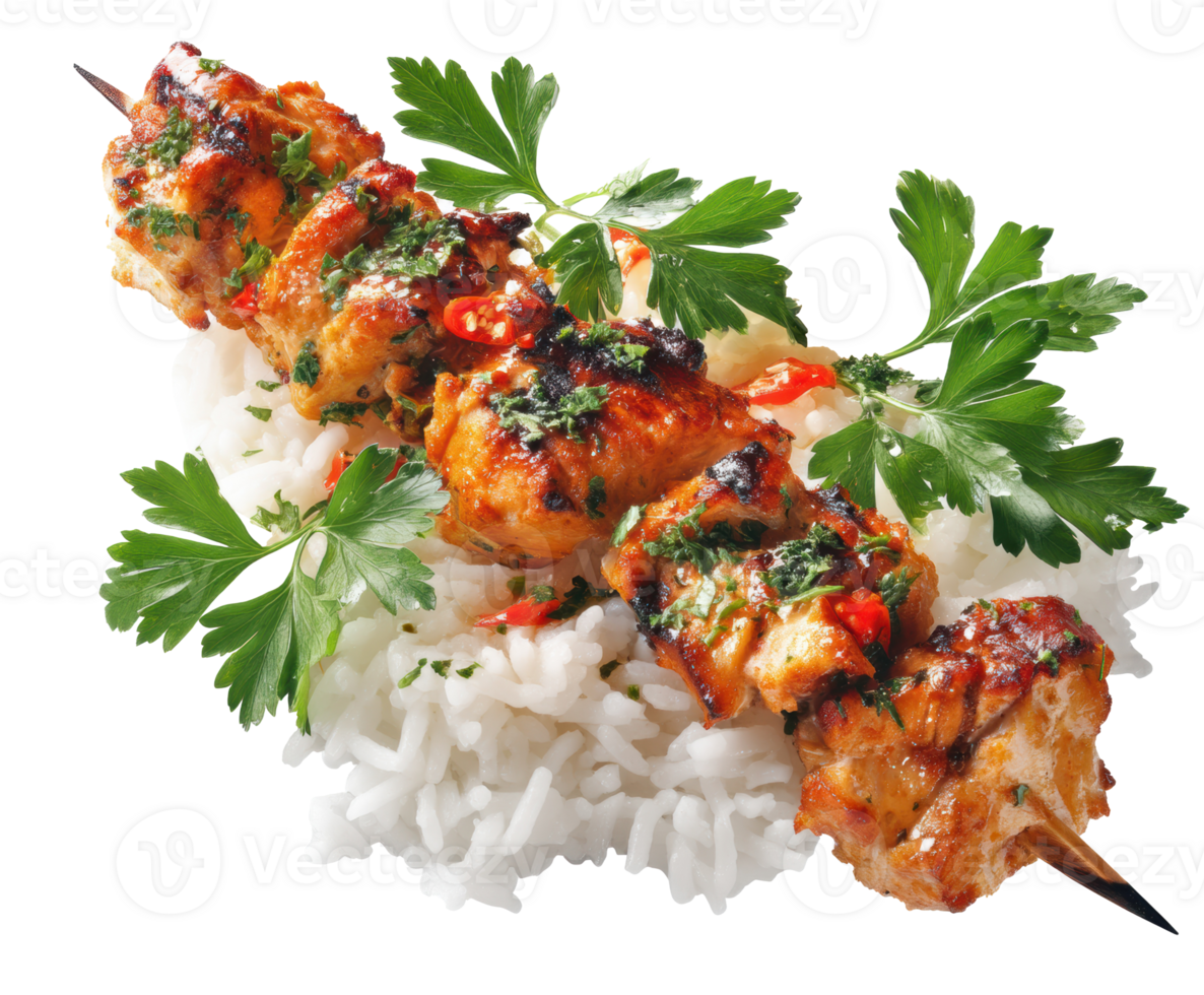 Grilled chicken skewers on rice with fresh herbs and spices png