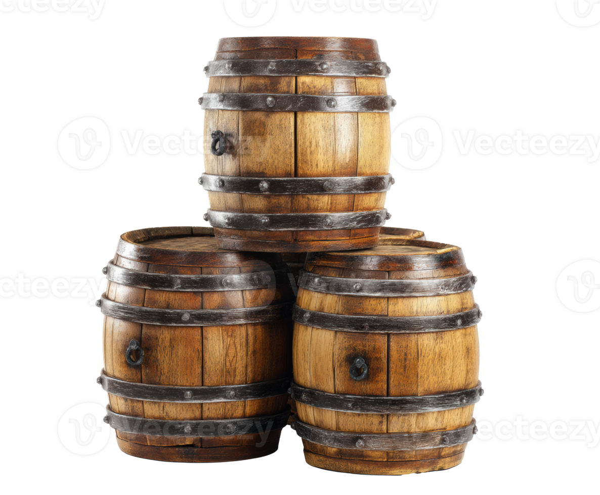 Rustic wooden barrels stacked in a decorative arrangement for design png