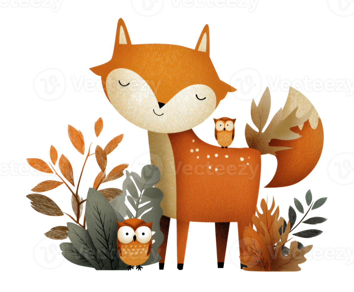Cute fox and owls in a forest with autumn leaves design for kids png