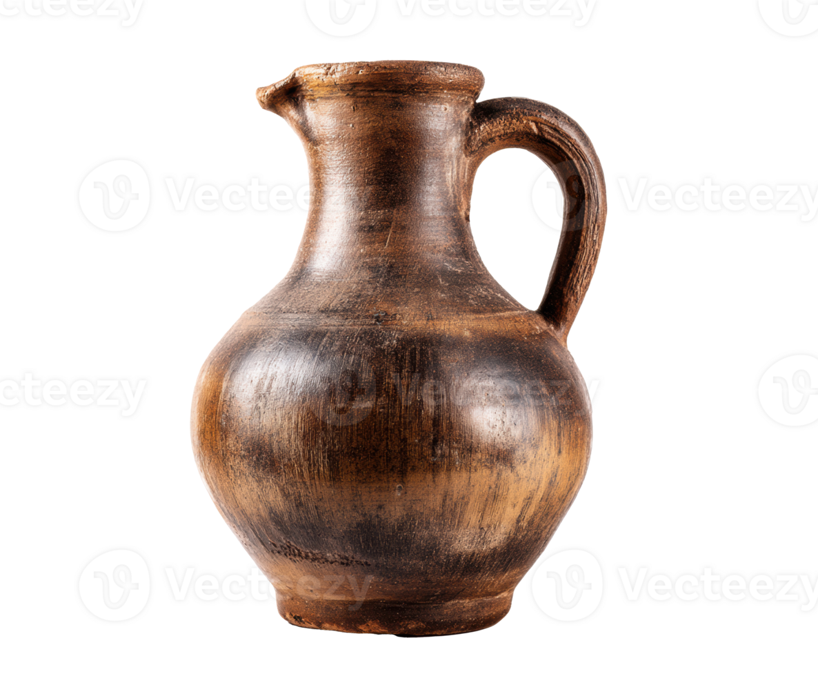 Traditional clay jug with a curved handle and unique texture png