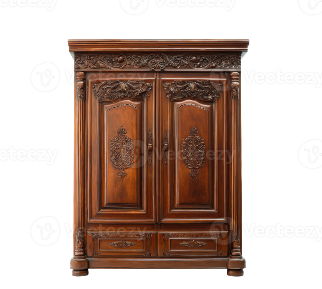 Elegant antique wooden cabinet with intricate carvings and details png
