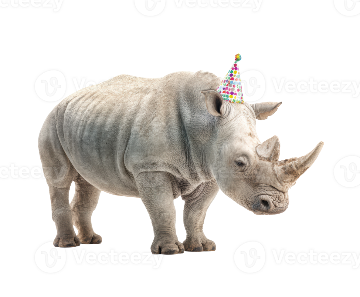 Rhinoceros wearing a birthday hat celebrating a joyful occasion png