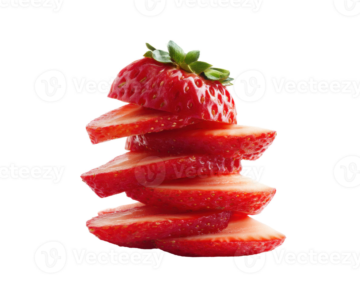 Fresh strawberry slices arranged in a creative stack for culinary use png