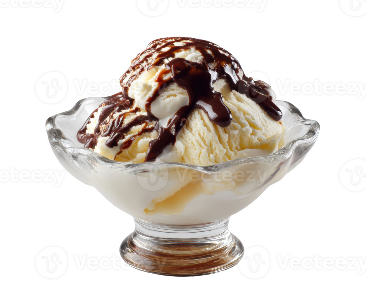 Vanilla sundae with chocolate sauce and whipped cream png
