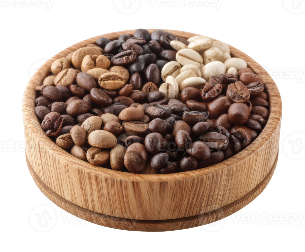 Variety of coffee beans in a wooden bowl for beverage preparation png