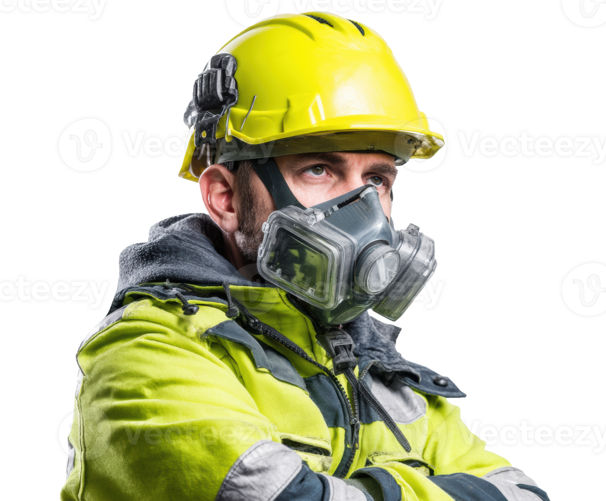Construction worker wearing safety helmet and mask at work site png