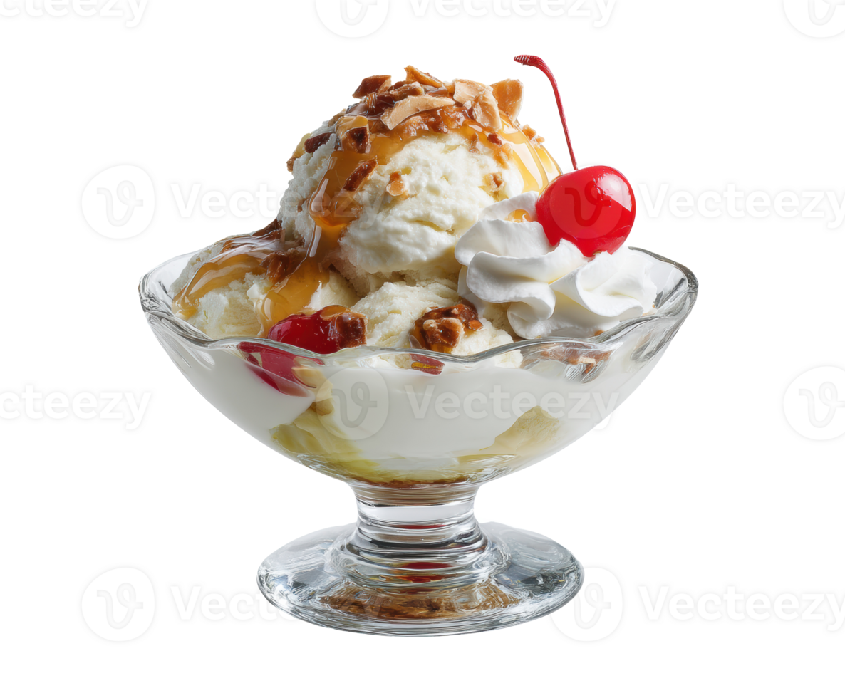 Delicious sundae topped with nuts and cherries png
