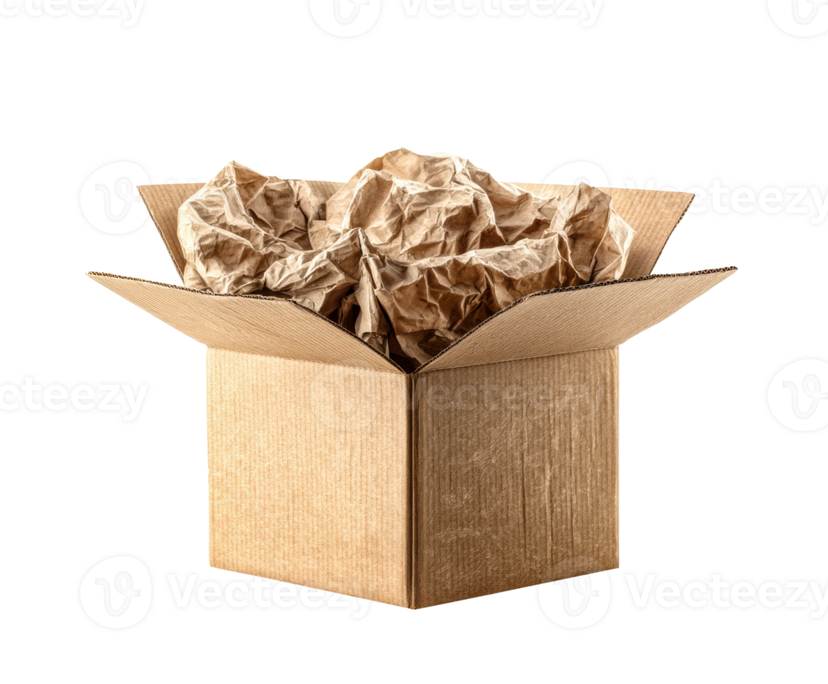 Open cardboard box filled with crumpled kraft paper for packing png