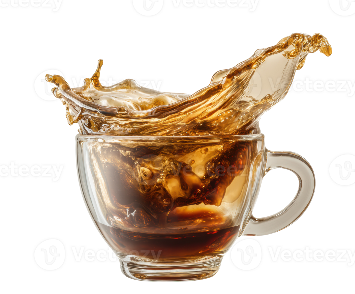 Coffee splash in a clear glass cup during morning routine png