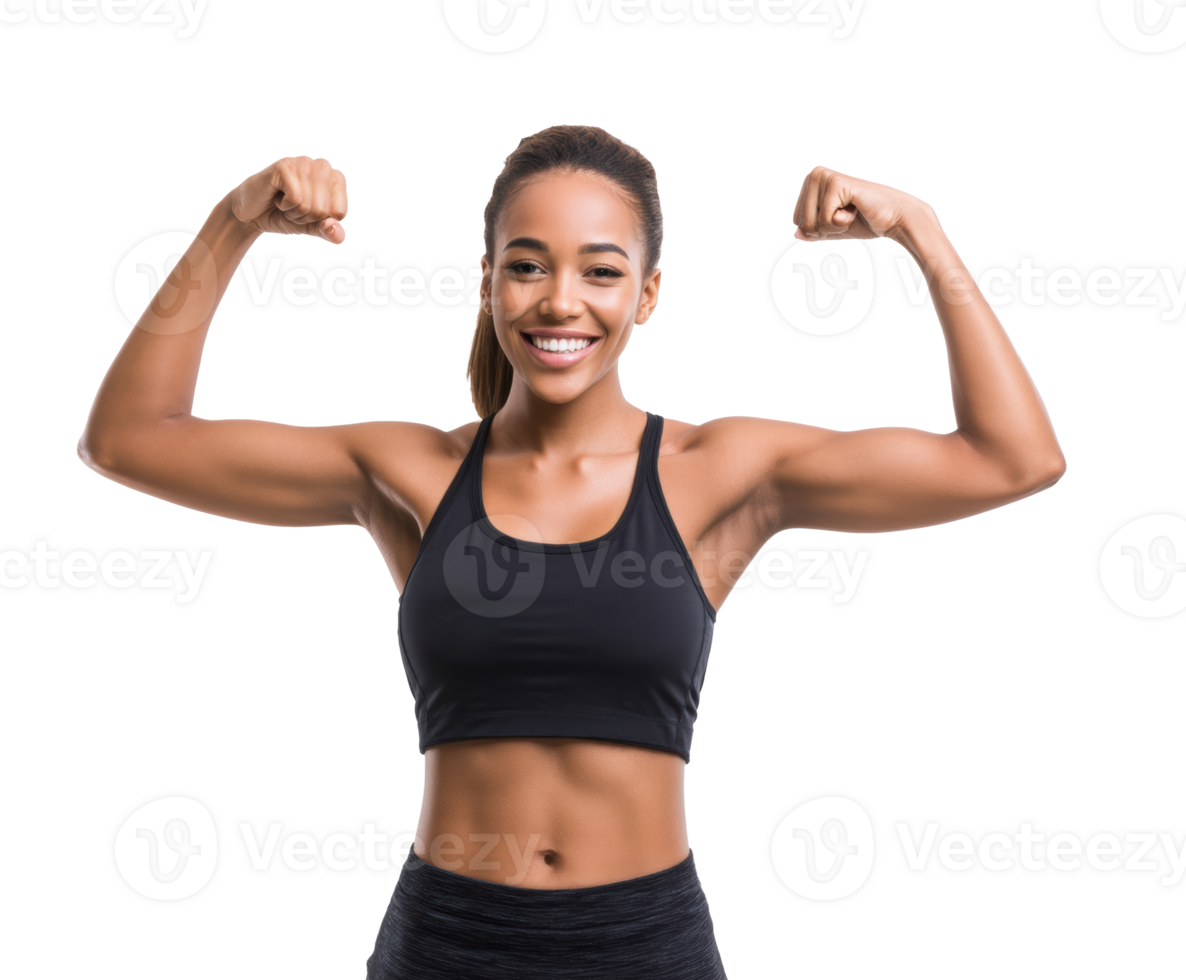 Confident woman showing strength in fitness attire with a smile png