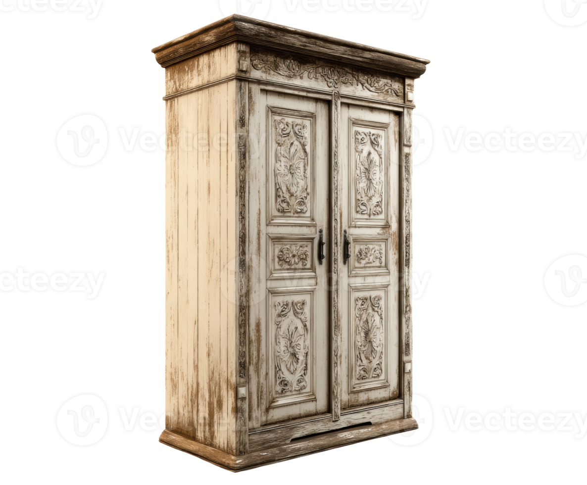 Vintage wooden cabinet with ornate carvings and weathered finish png
