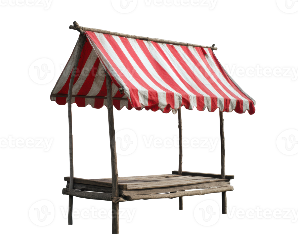 Rustic market stall with a red and white awning png
