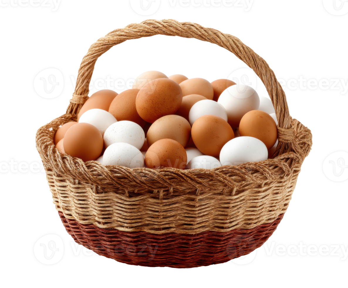 Diverse collection of fresh eggs in a woven basket for culinary use png