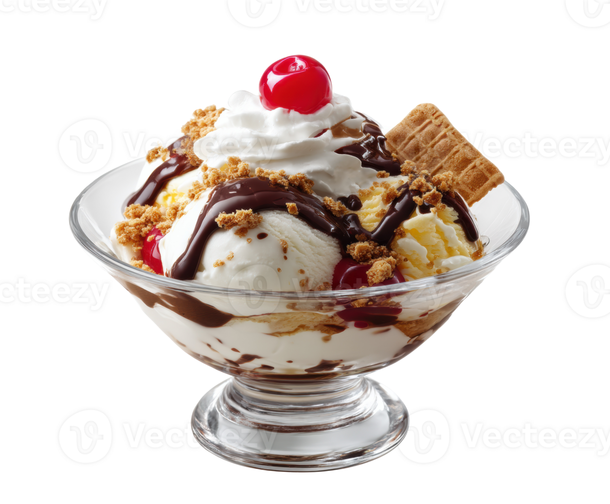 Delicious ice cream sundae with chocolate sauce and cherry topping png