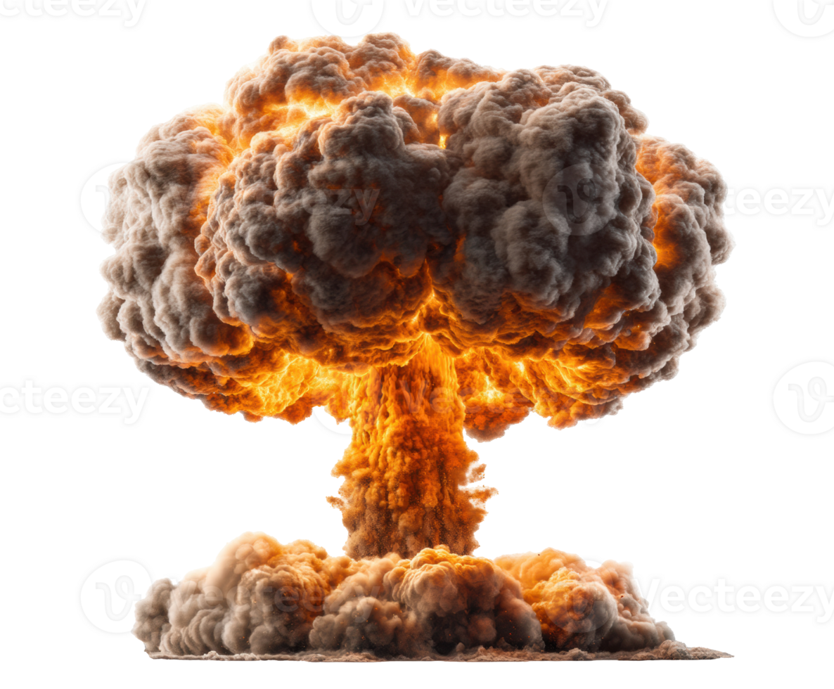 Nuclear explosion with bright orange flames and dark billowing smoke png