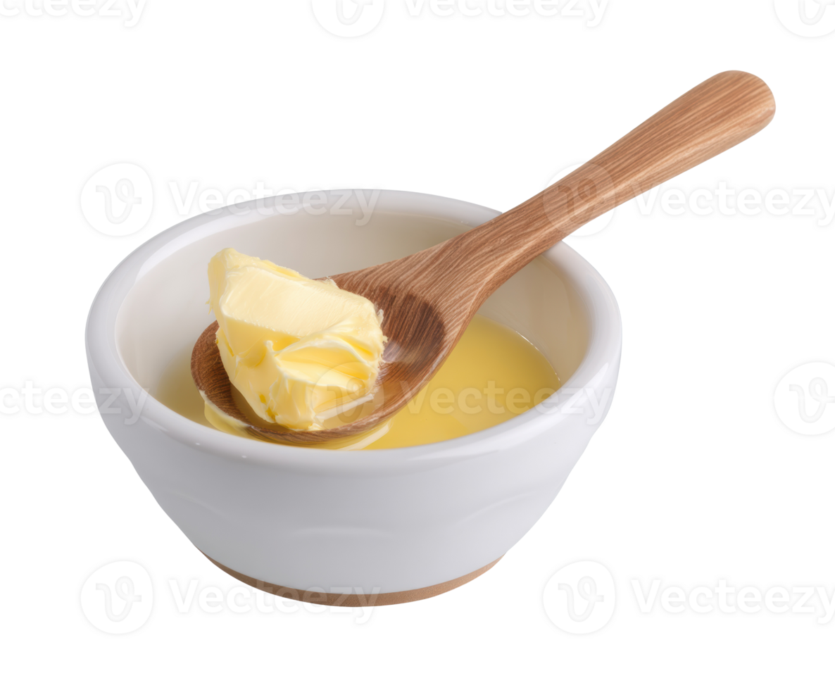 Soft butter in bowl with wooden spoon for easy spreading png
