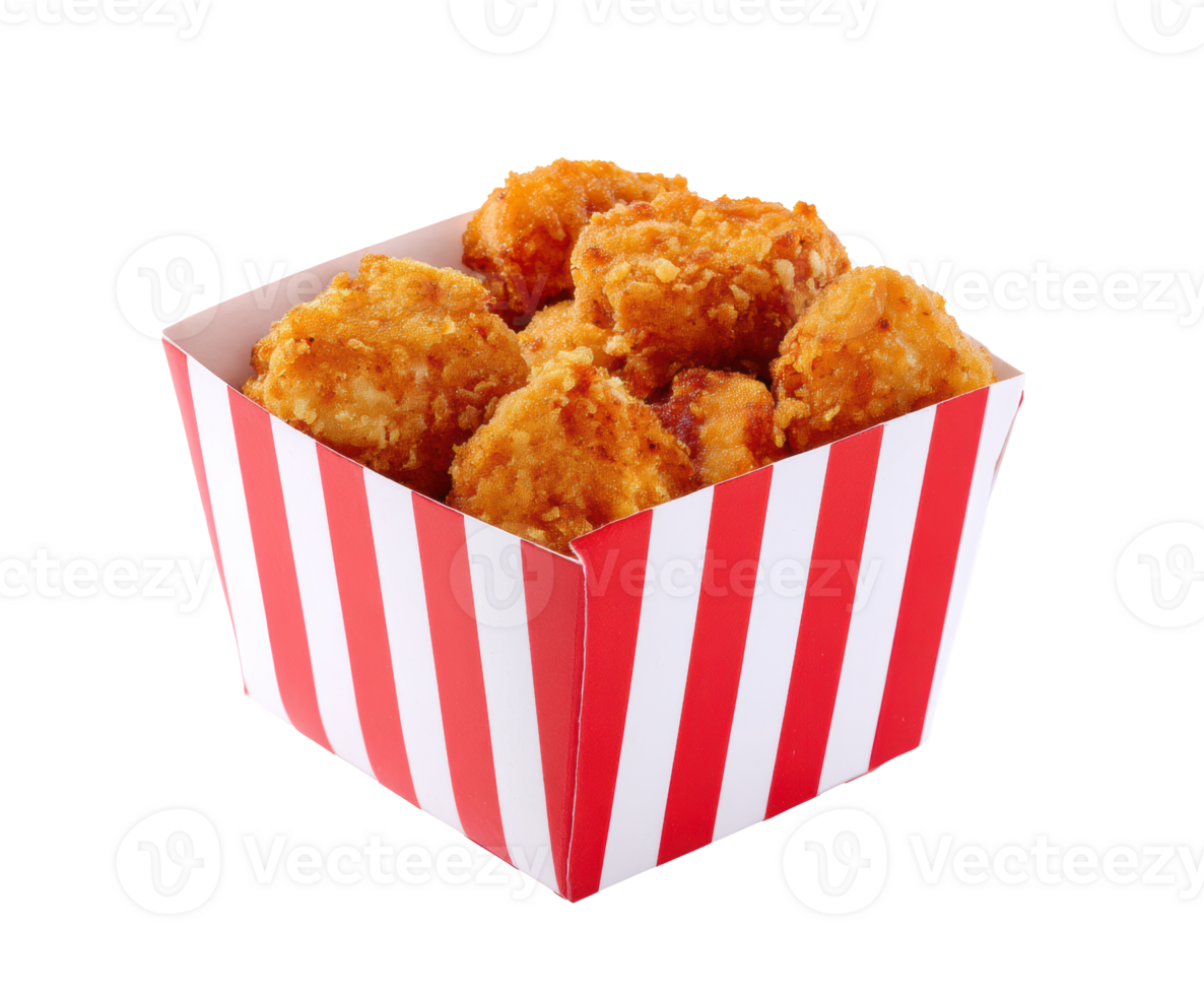 Crispy fried chicken bites served in a striped takeout box png