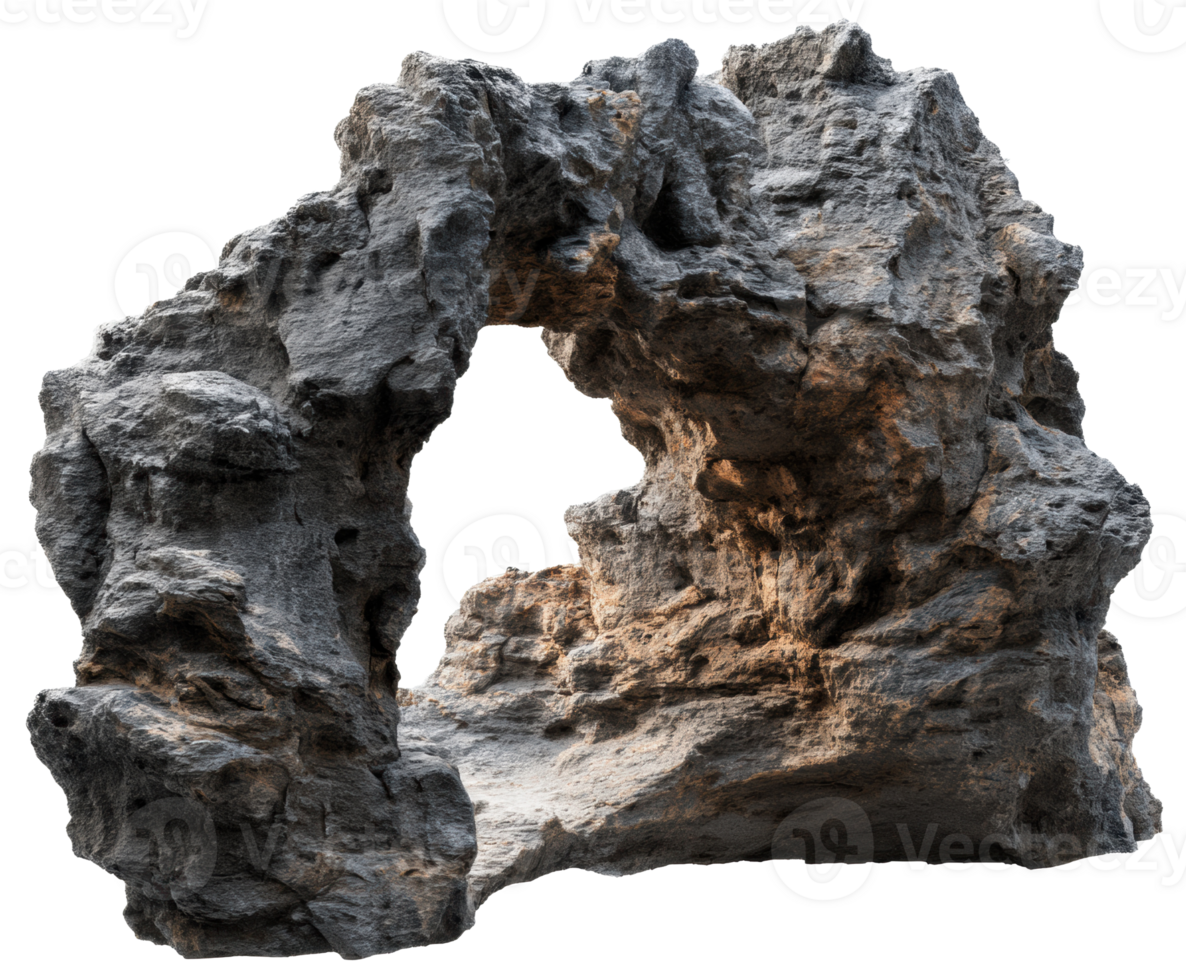 Natural rock formation with arch structure and rough texture png