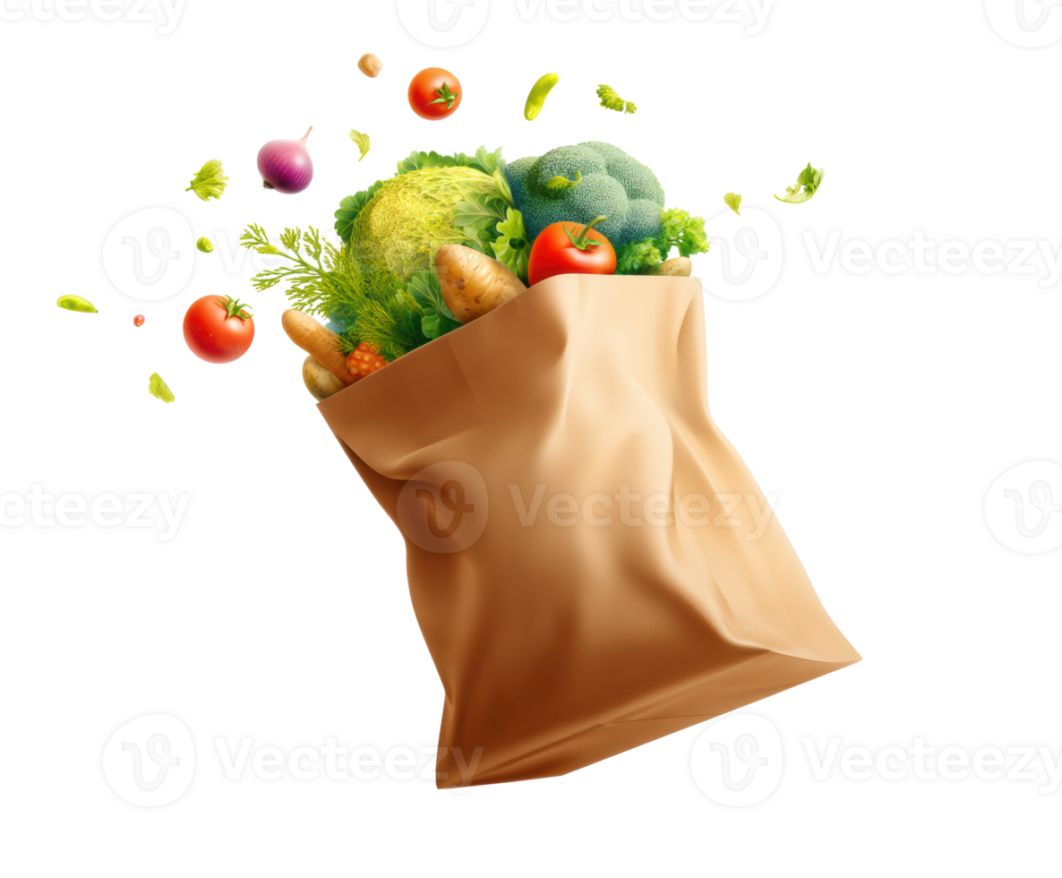 Fresh vegetables spilling from a brown bag for healthy meals png
