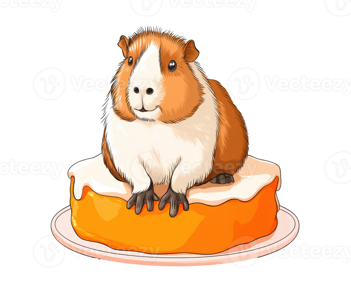 Cute guinea pig sitting on a delicious birthday cake png