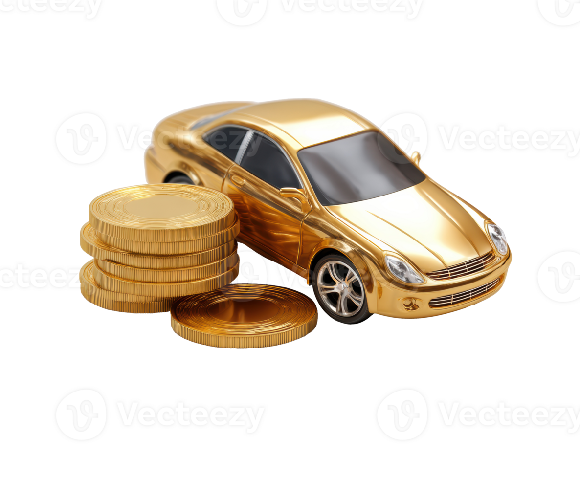 Golden car with coins representing wealth and prosperity png