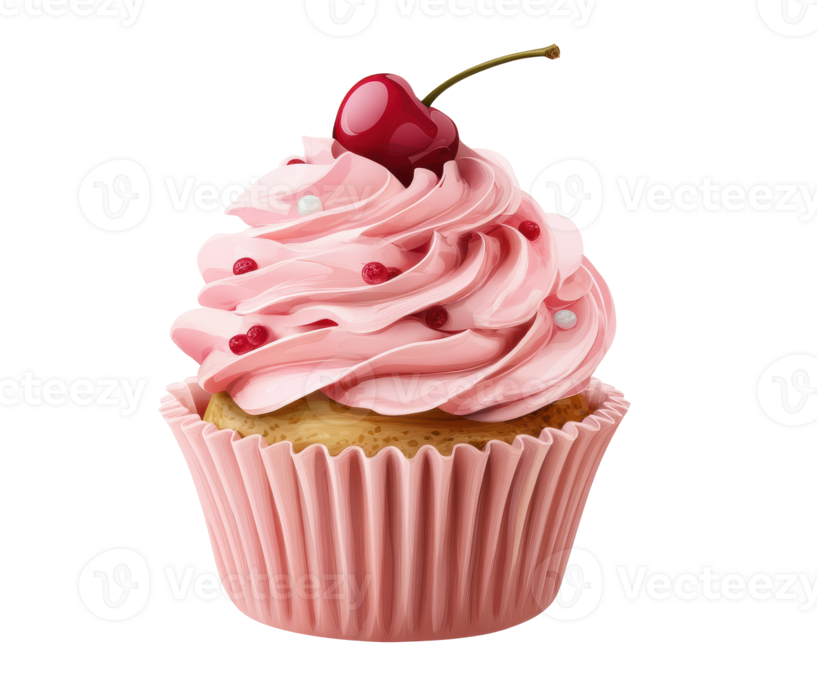 Sweet cupcake topped with cherry and pink frosting delight png