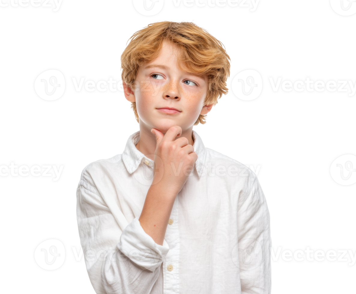 Thoughtful boy pondering ideas with a curious expression png