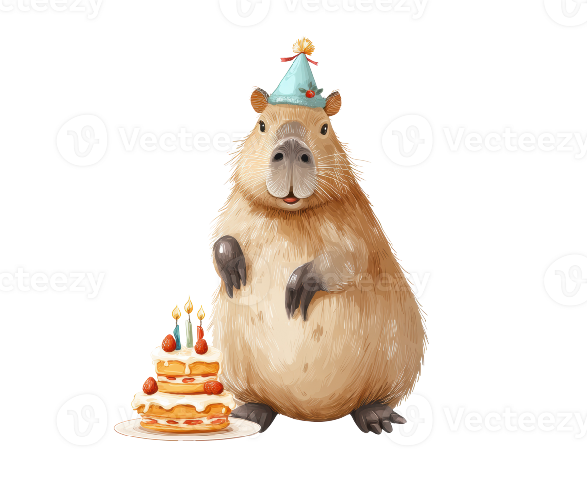 Fun party celebration with a happy capybara and cake png