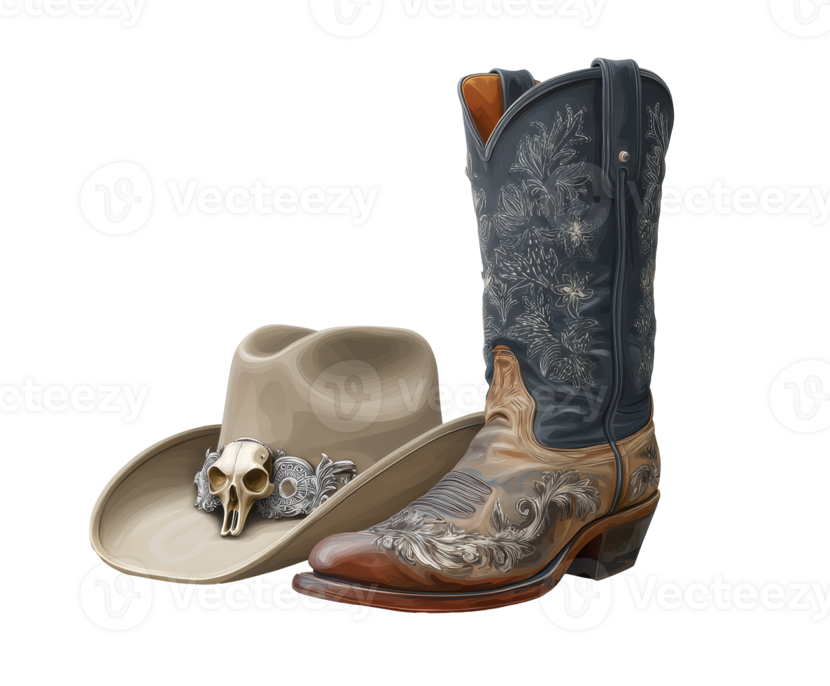 Western cowboy boots and hat with decorative details png