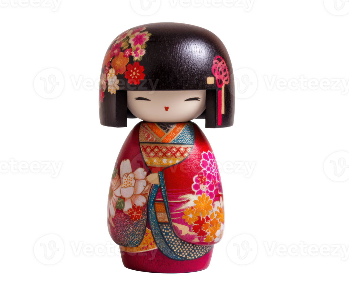 Traditional Japanese doll with floral patterns and vibrant colors png