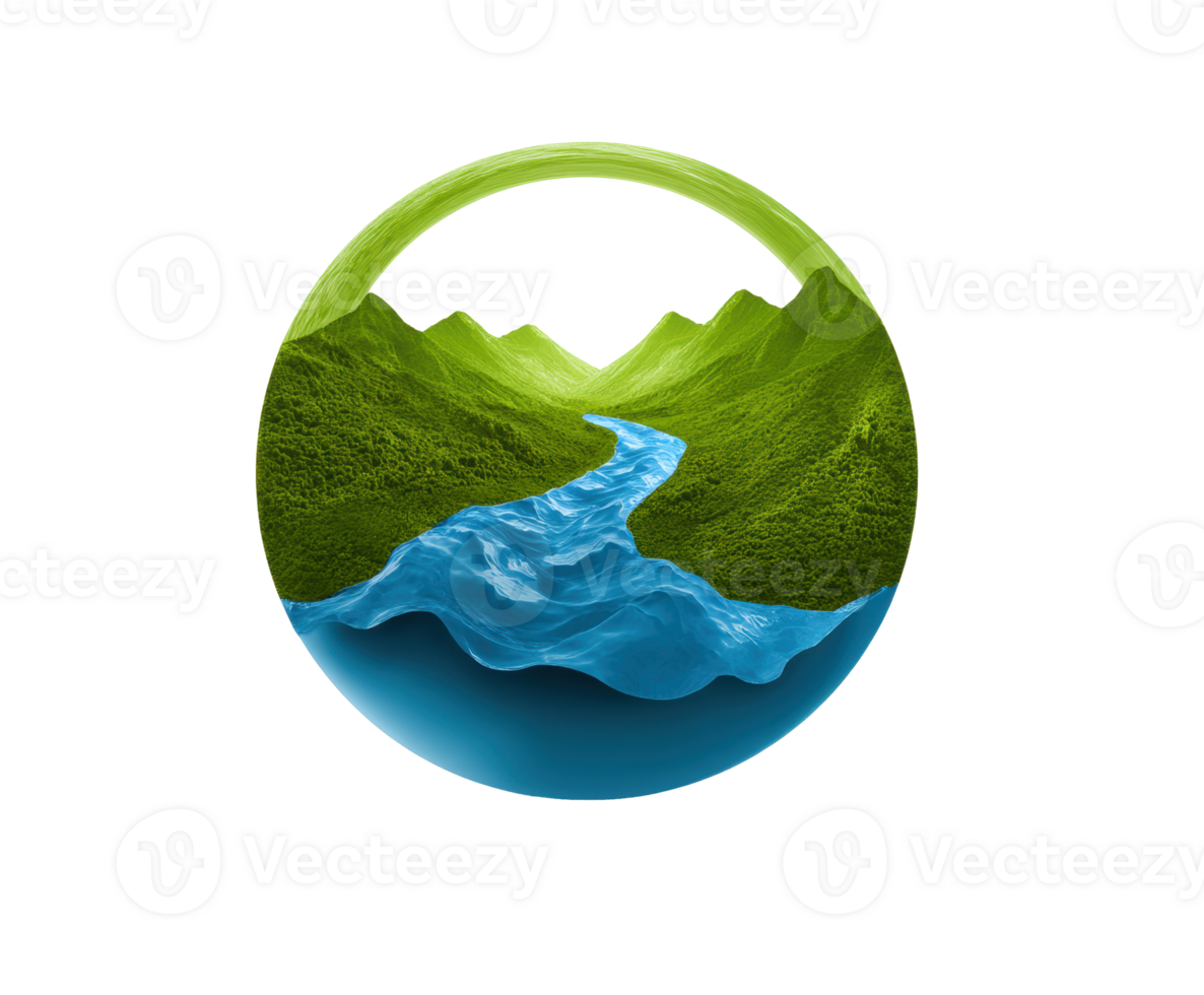 Green hills and blue river landscape in a circular design png