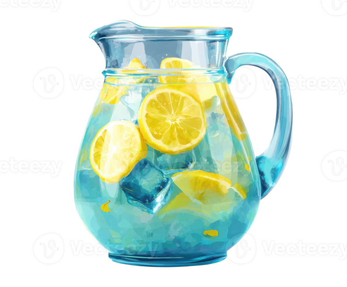 Refreshing lemonade pitcher with ice and lemon slices png