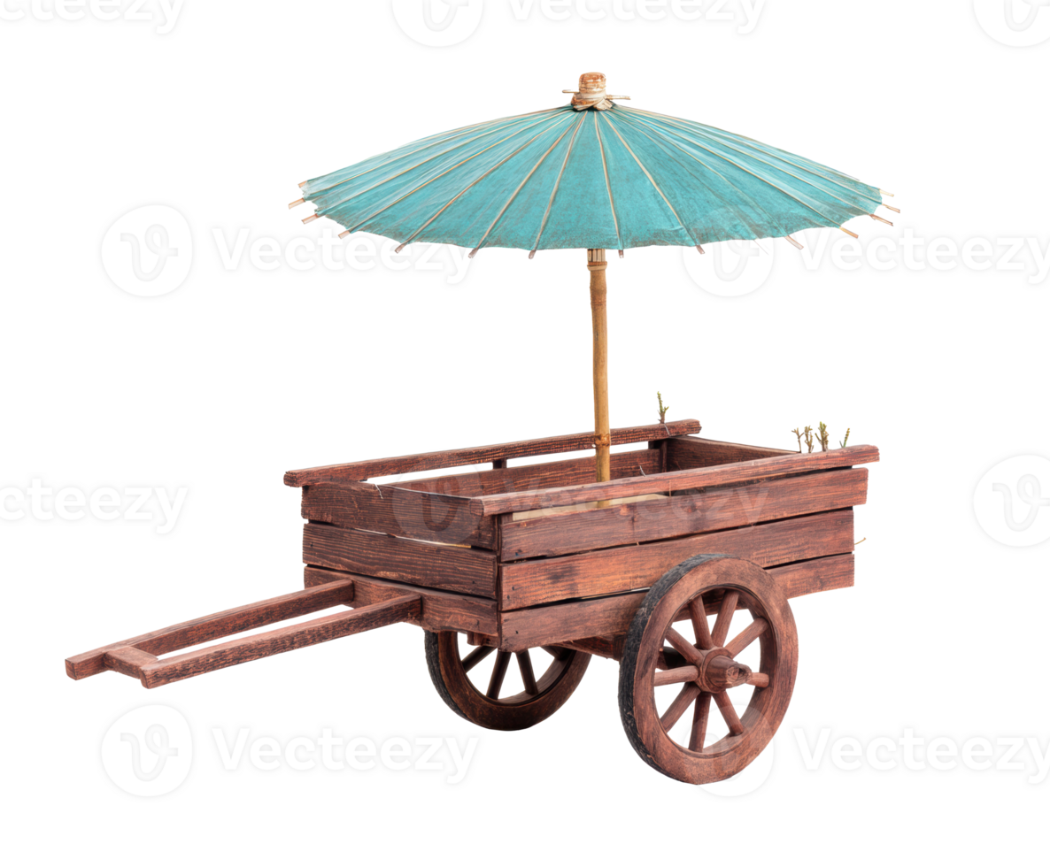 Wooden cart with umbrella for garden display and vintage decor png